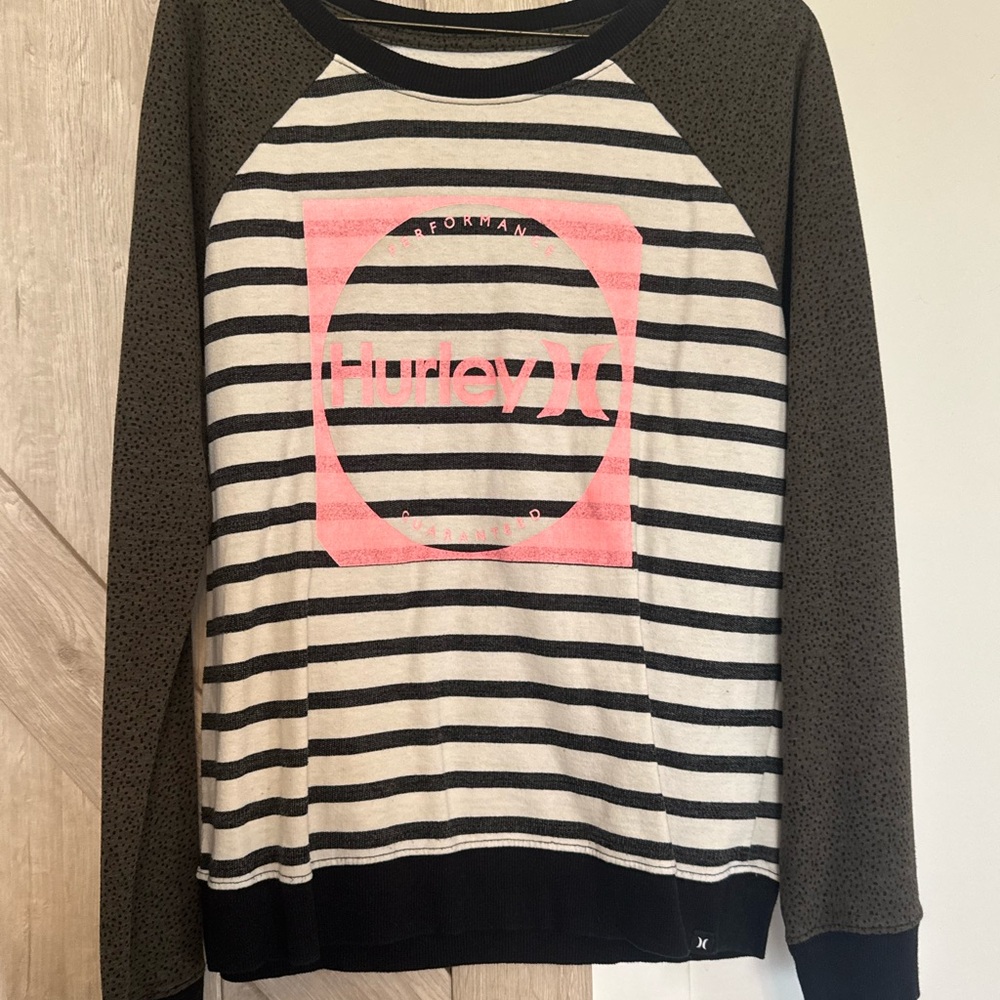 Hurley Women's Striped Crew Neck Sweater - Black, White, and peach Accents